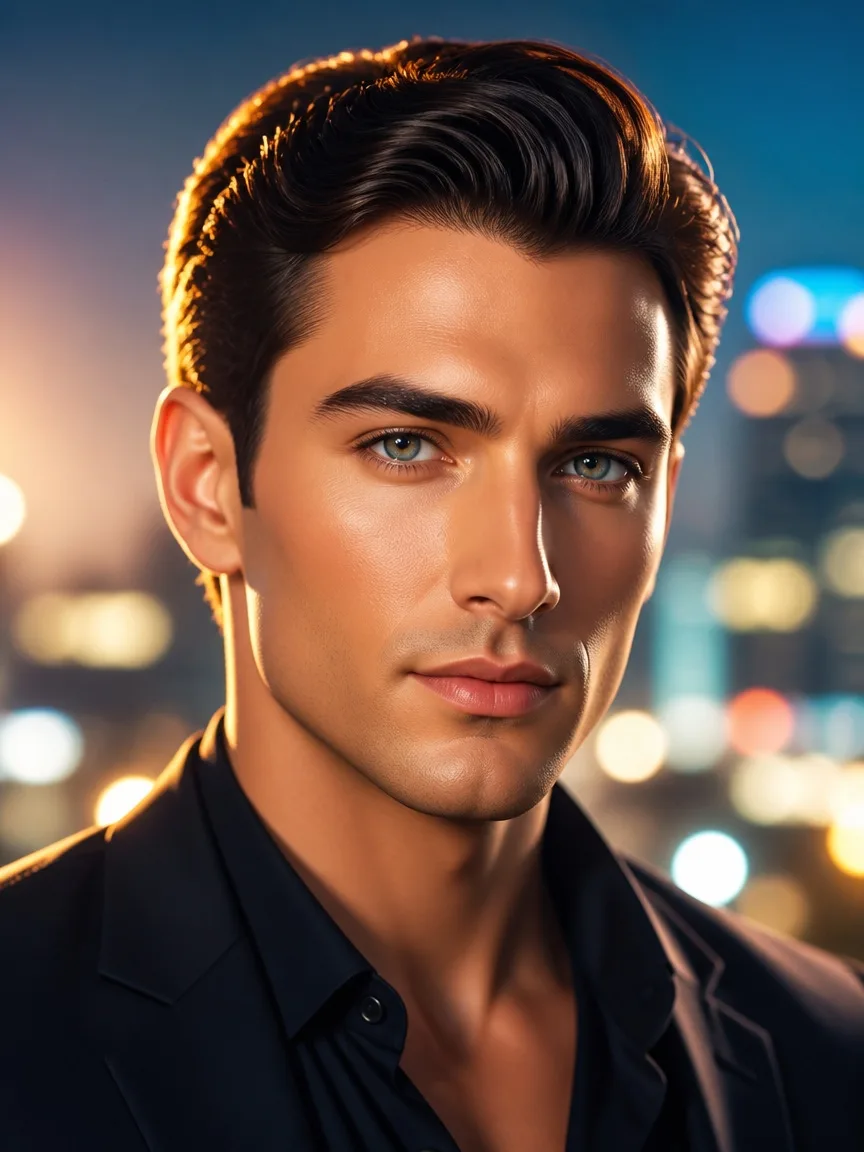 AI-generated portrait with glossy render look — waxy skin and cinematic golden lighting