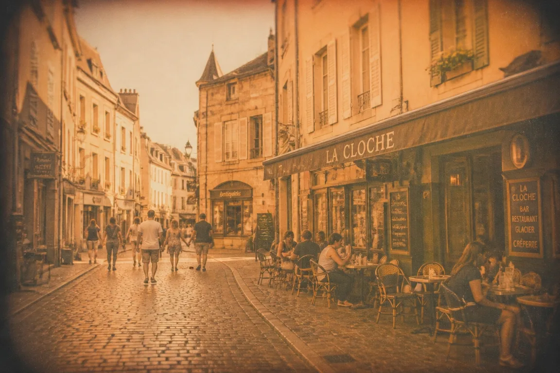 Street photo with heavy vintage sepia filter — orange cast, faded contrast and vignette