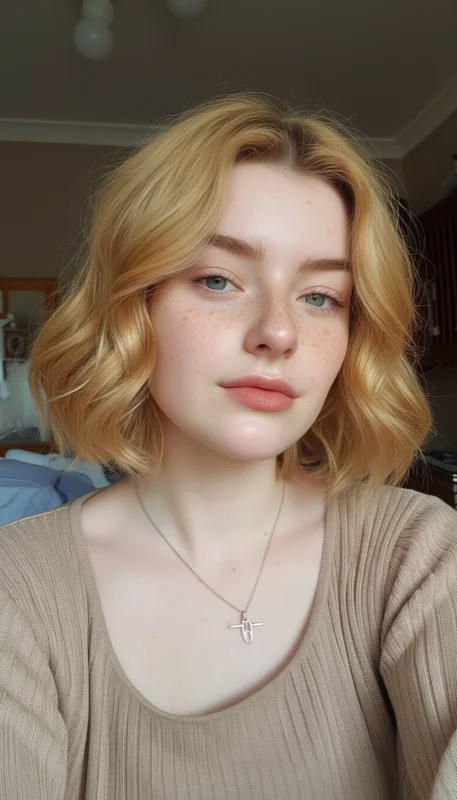 AI-generated photo with short blonde bob hairstyle, same face preserved