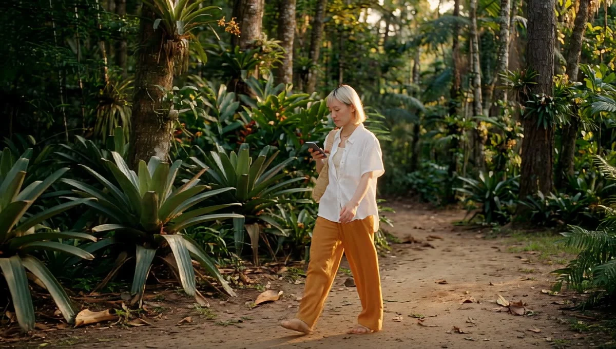 The full enhanced frame the first crop is taken from — a woman walking a jungle path at golden hour, upscaled to 1920x1088