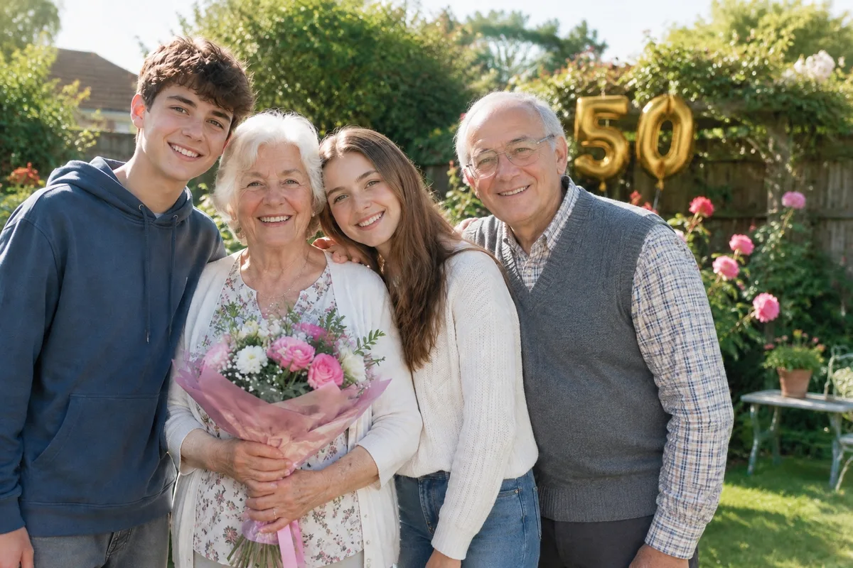 Anniversary photo with the late grandfather added beside his wife