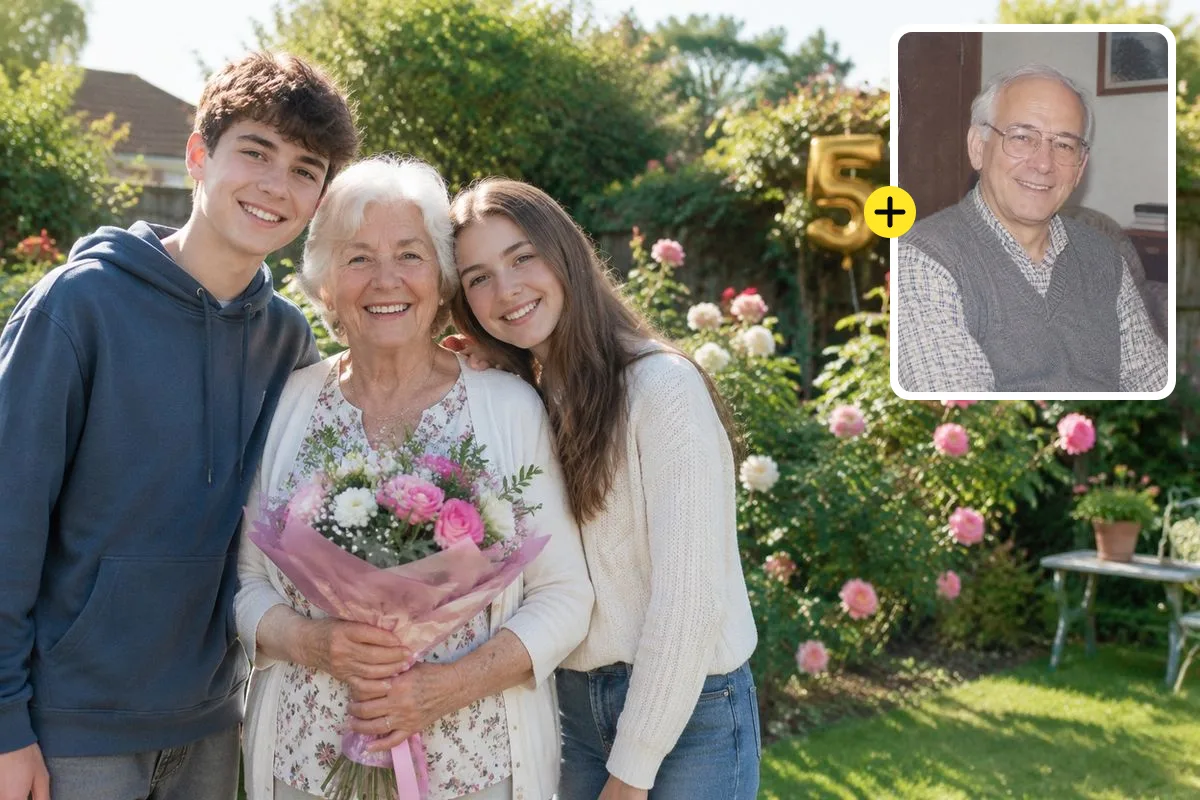 Grandmother with her grandchildren in a garden, with a 1990s photo of her late husband to add