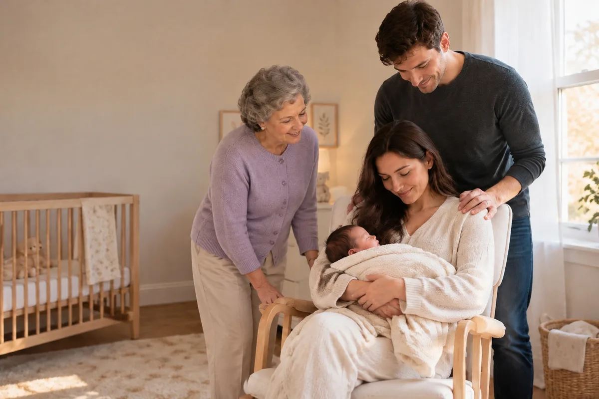 Nursery photo with the late grandmother added, leaning in towards the newborn