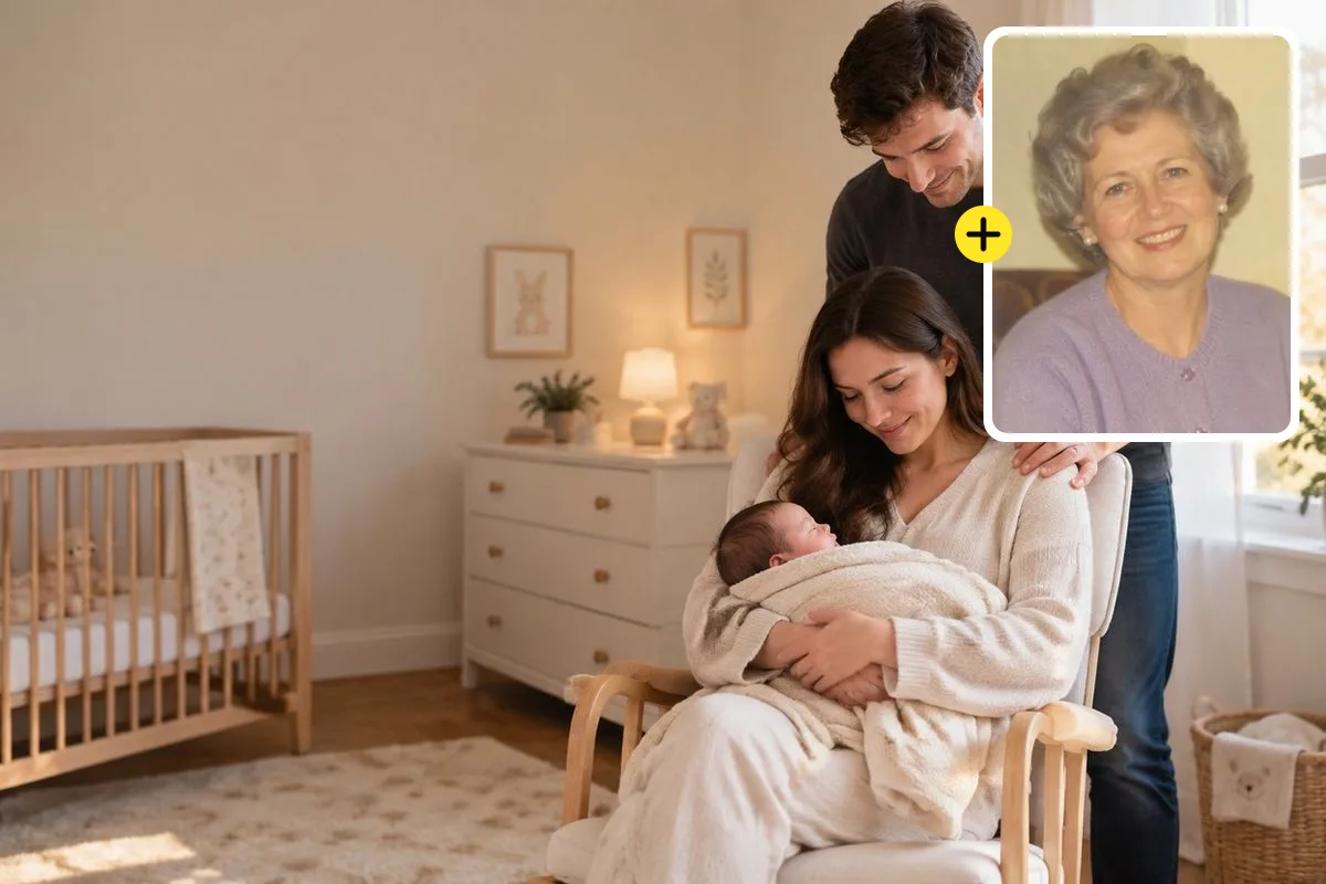 Parents with their newborn in a nursery, with a faded 1990s print of the late grandmother to add