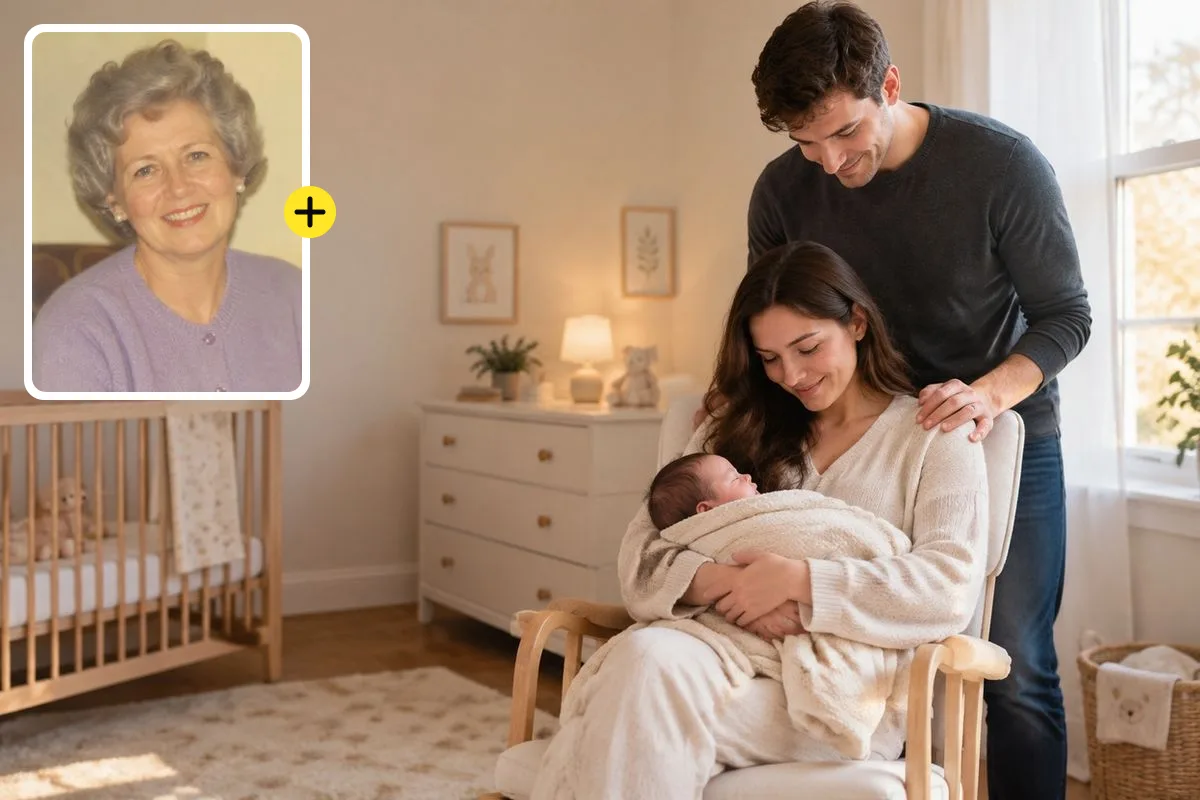 Parents with their newborn in a nursery, with a faded 1990s print of the late grandmother to add