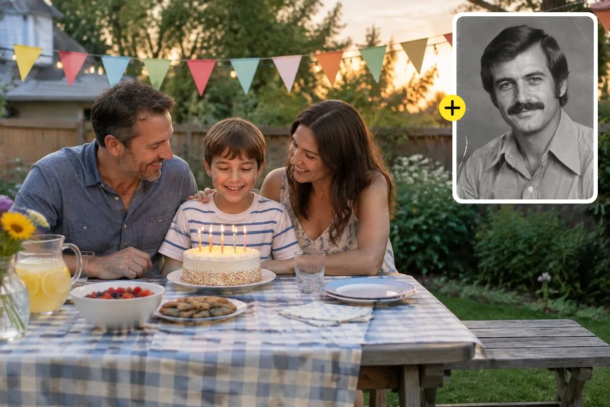 Family at a backyard birthday table, with a 1970s black-and-white portrait of the late grandfather to add