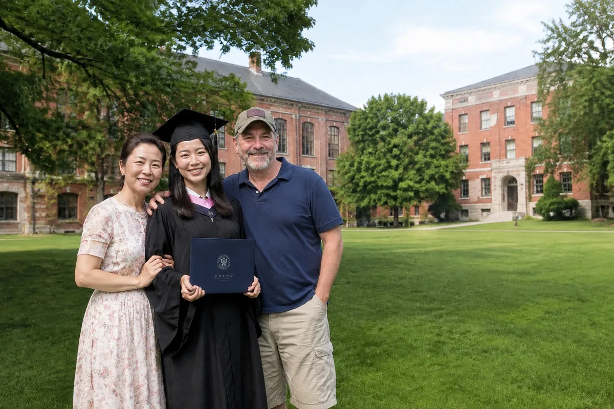 Graduation photo with the late father added with his arm around the graduate
