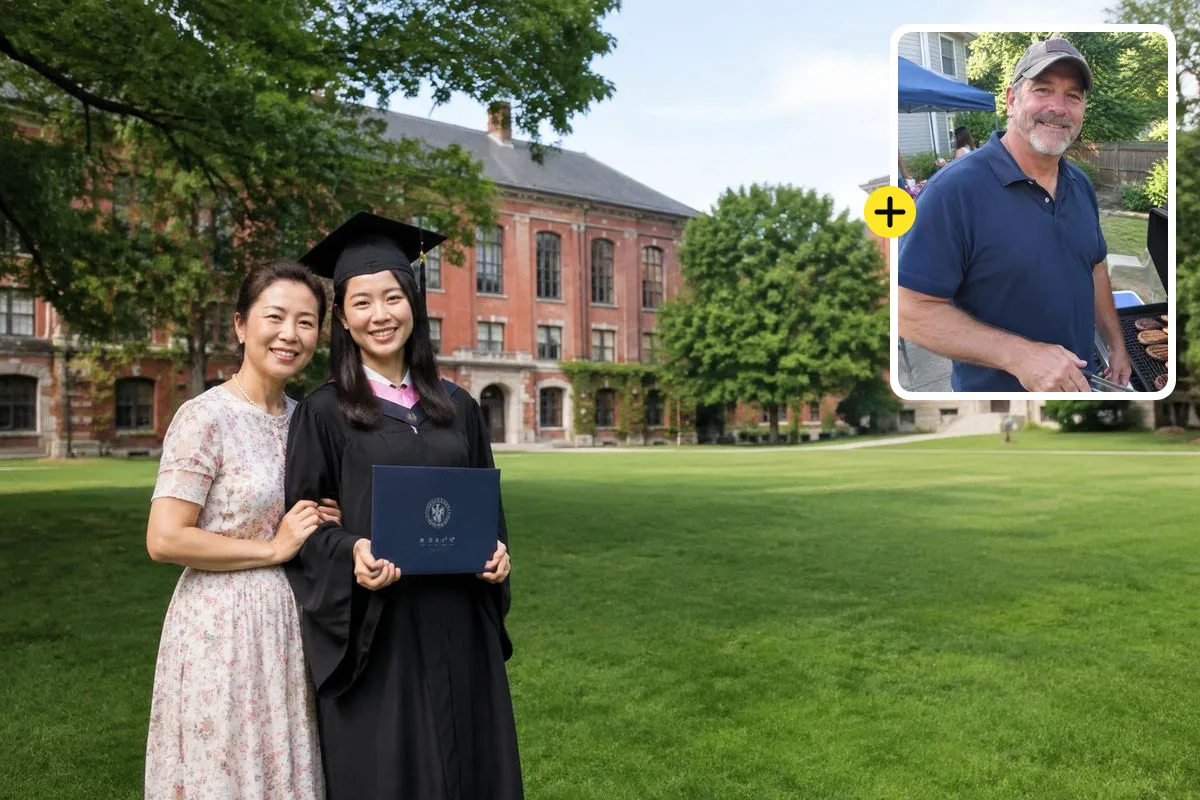 Graduate and her mother on a campus lawn, with a barbecue photo of the late father to add