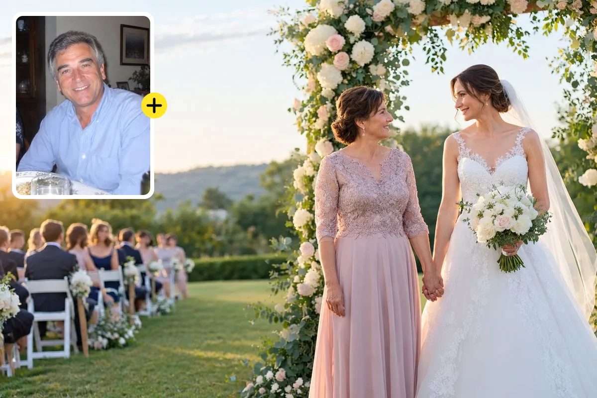 Bride and her mother under a wedding arch, with an old snapshot of the late father to add