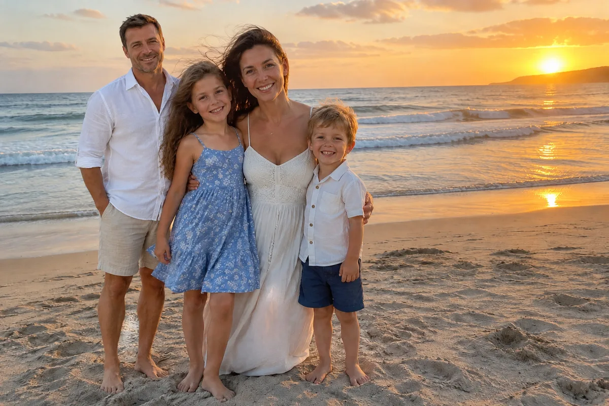 Complete family on the beach at sunset with the father added and lit by the same sun