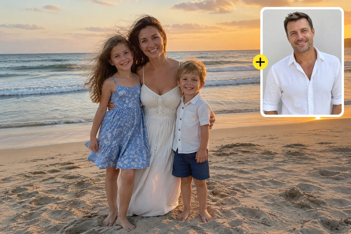 Mother and two children on a beach at sunset, with a photo of the father to add