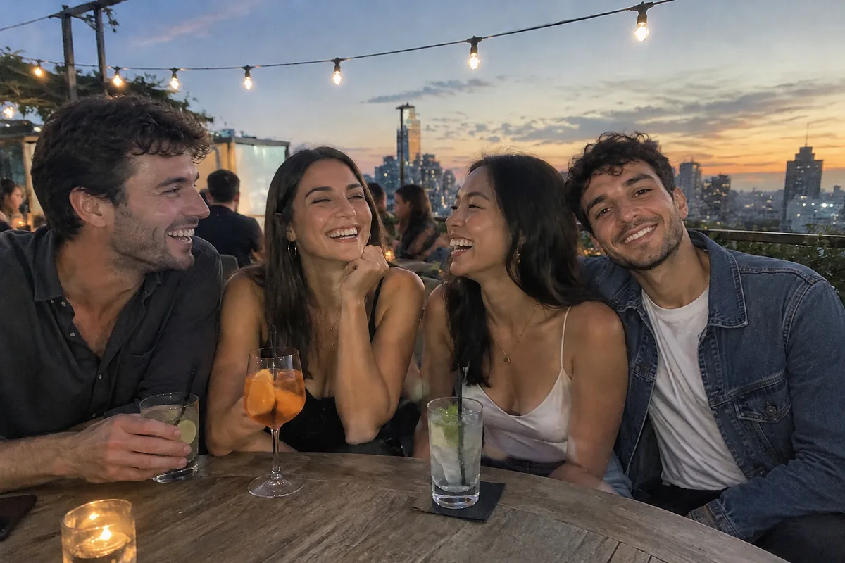 The same rooftop group photo with the fourth friend added, lit by the same string lights