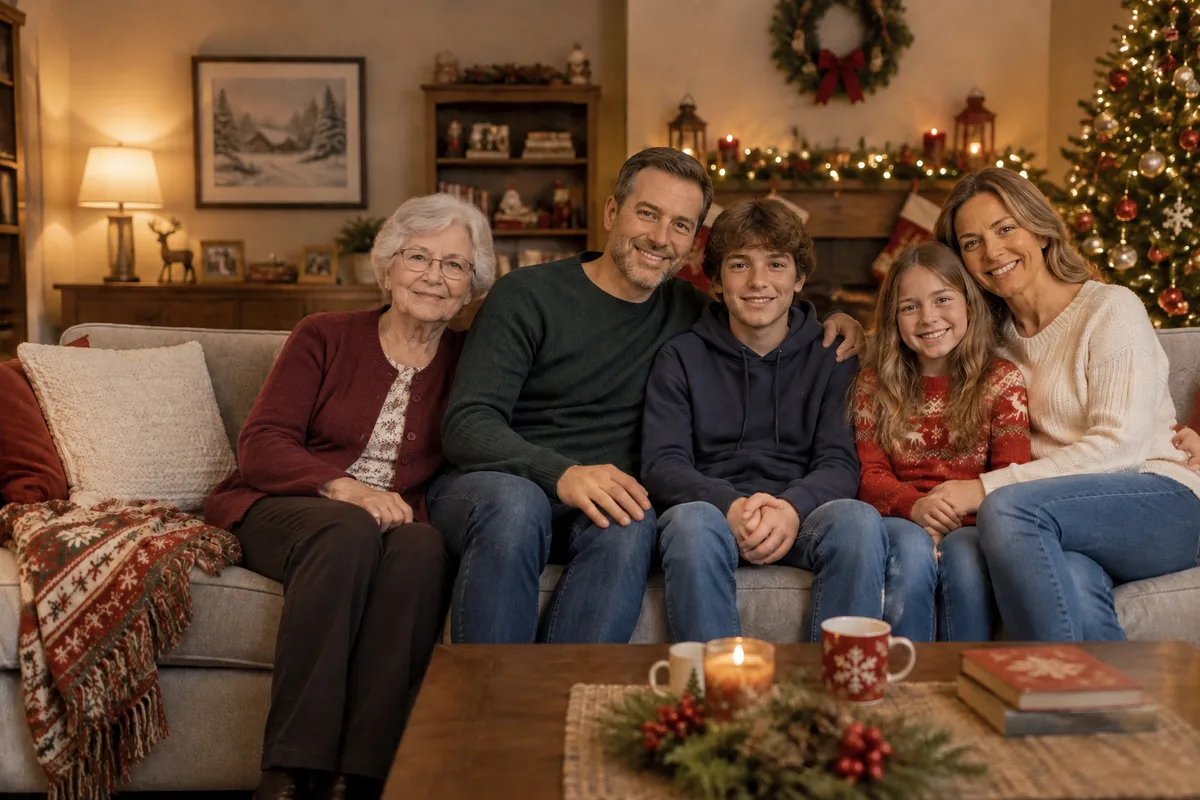 The Christmas family photo with the grandmother added at the end of the sofa
