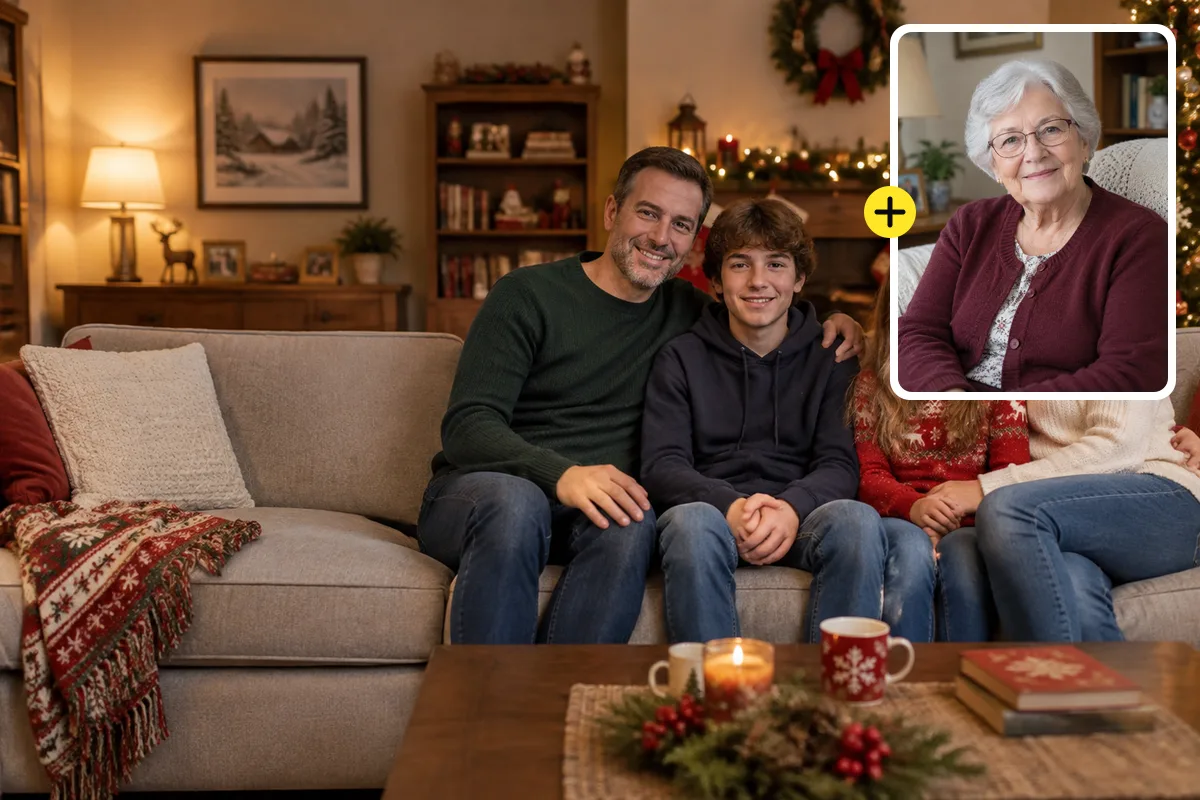 Family of four on a sofa at Christmas, with a portrait of the grandmother to add