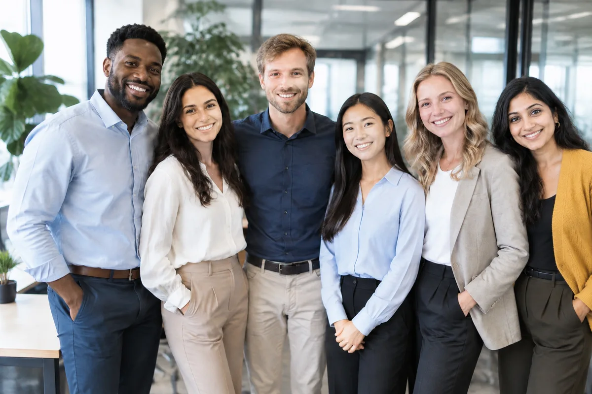 The office team photo with the remote colleague added at the end of the row