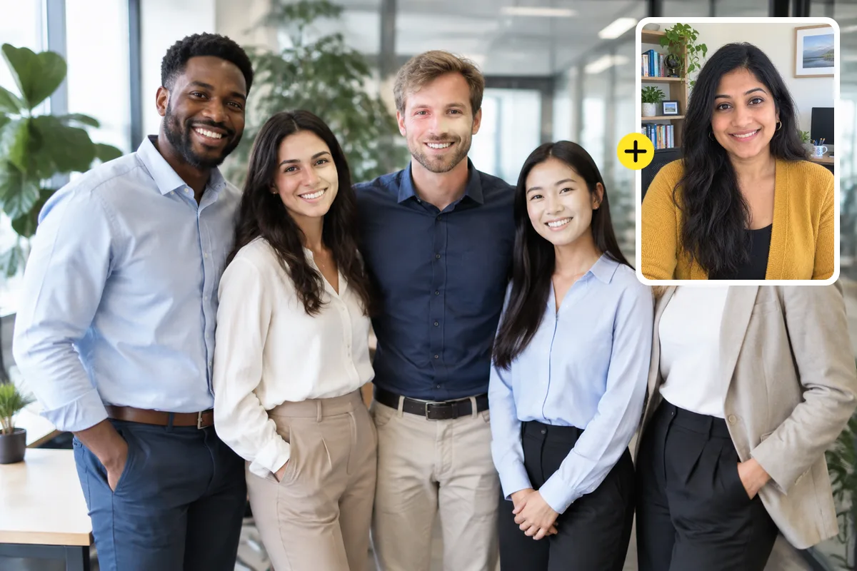 Five coworkers in a bright office, with a webcam headshot of a remote colleague to add