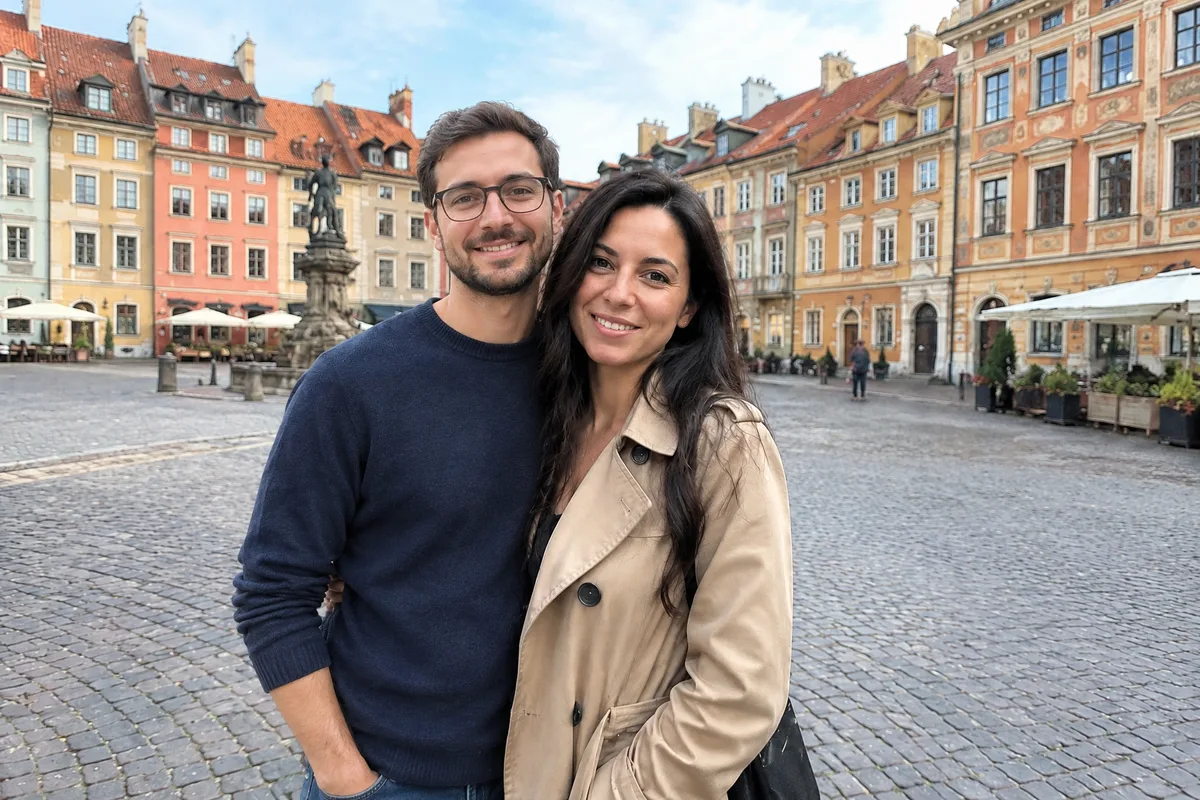 Couple travel photo in the same square with the partner added beside her