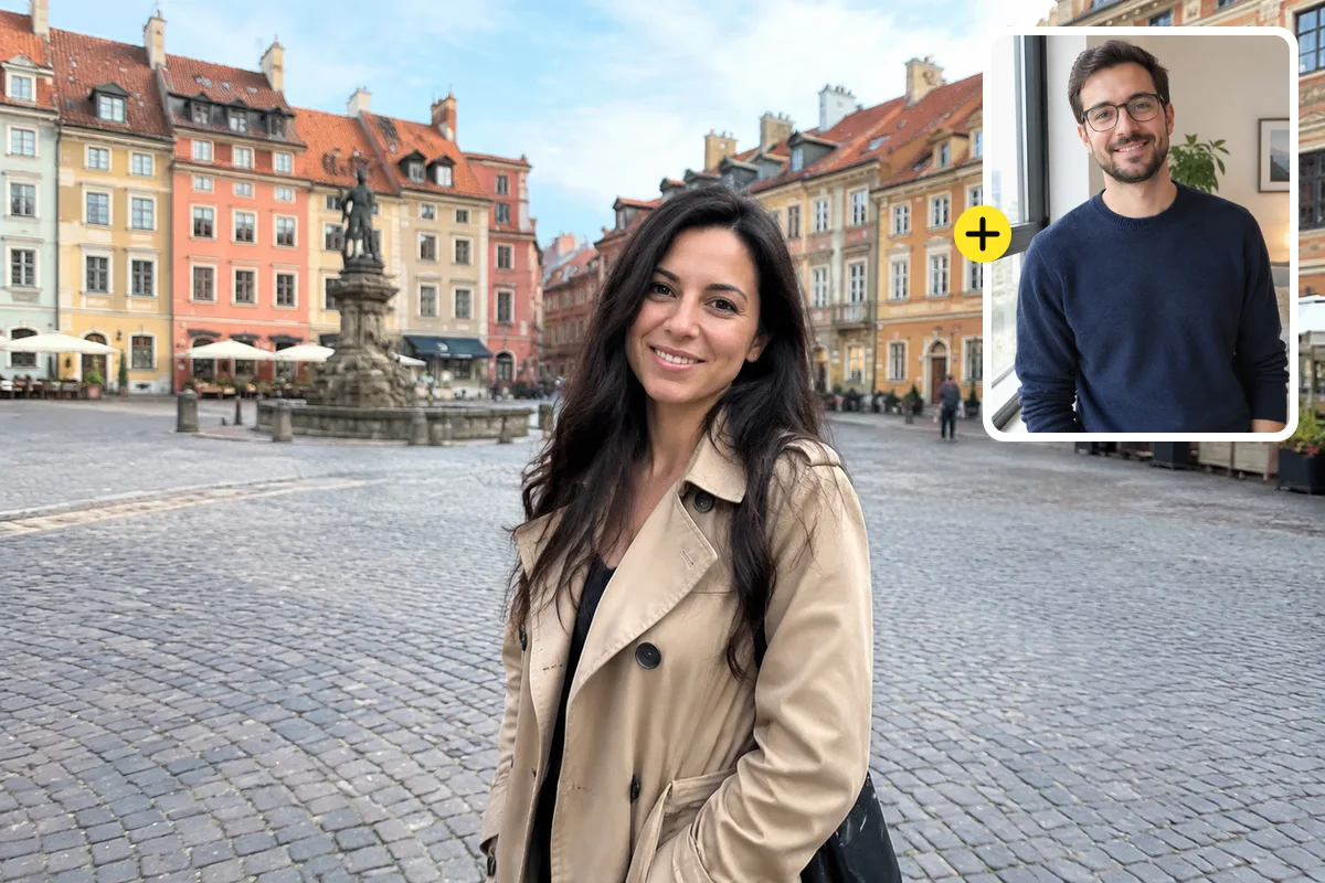Woman alone in a European old-town square, with a photo of her partner to add
