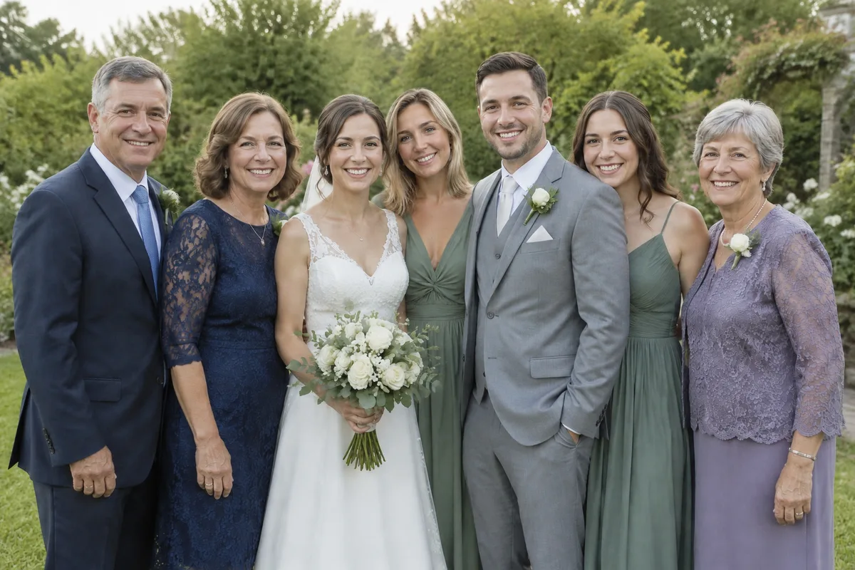 The wedding group photo with the sister added next to the bride