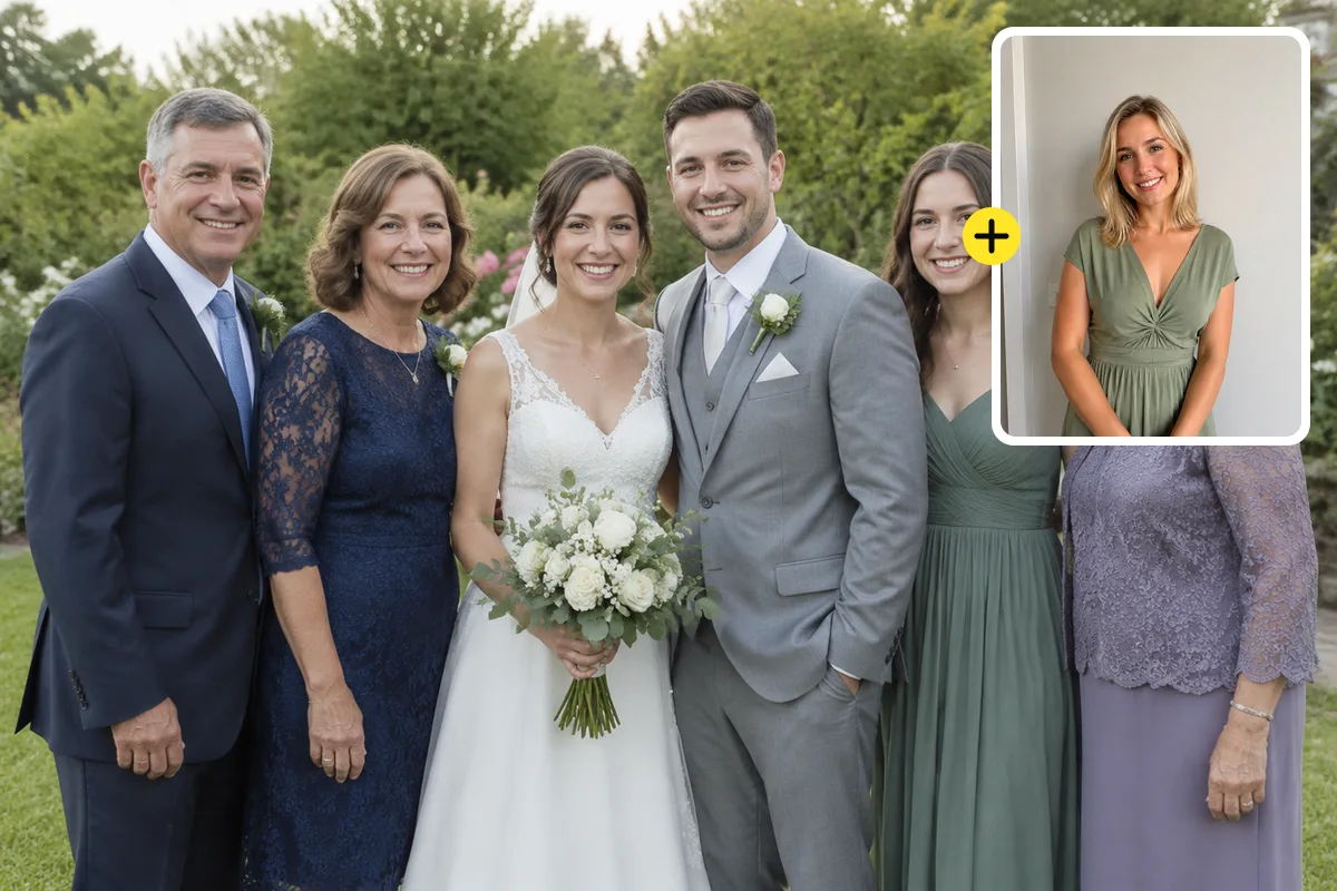 Wedding group photo of six people in a garden, with a portrait of a sister to add