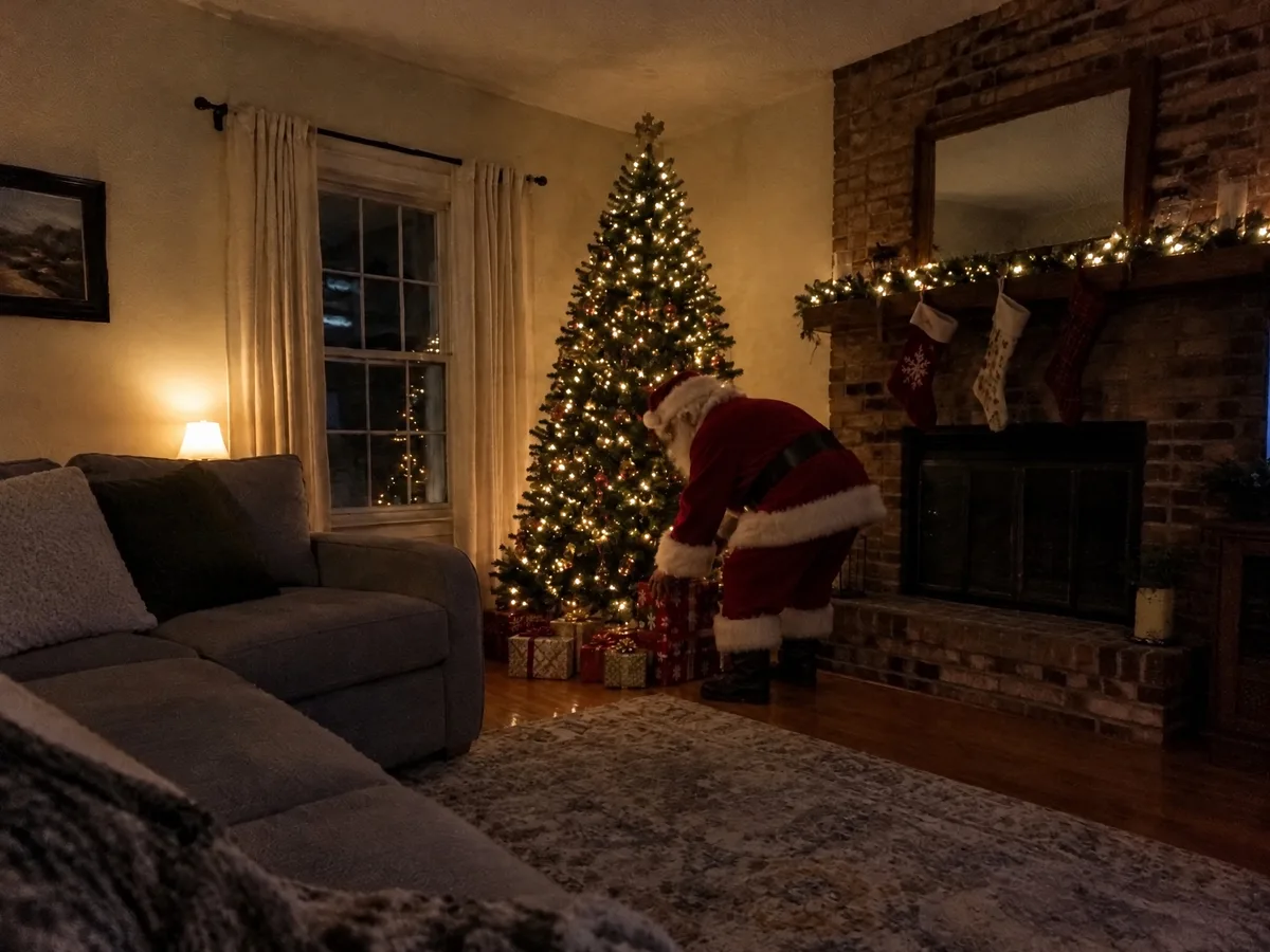 The same living room with Santa bending over by the tree placing wrapped presents underneath