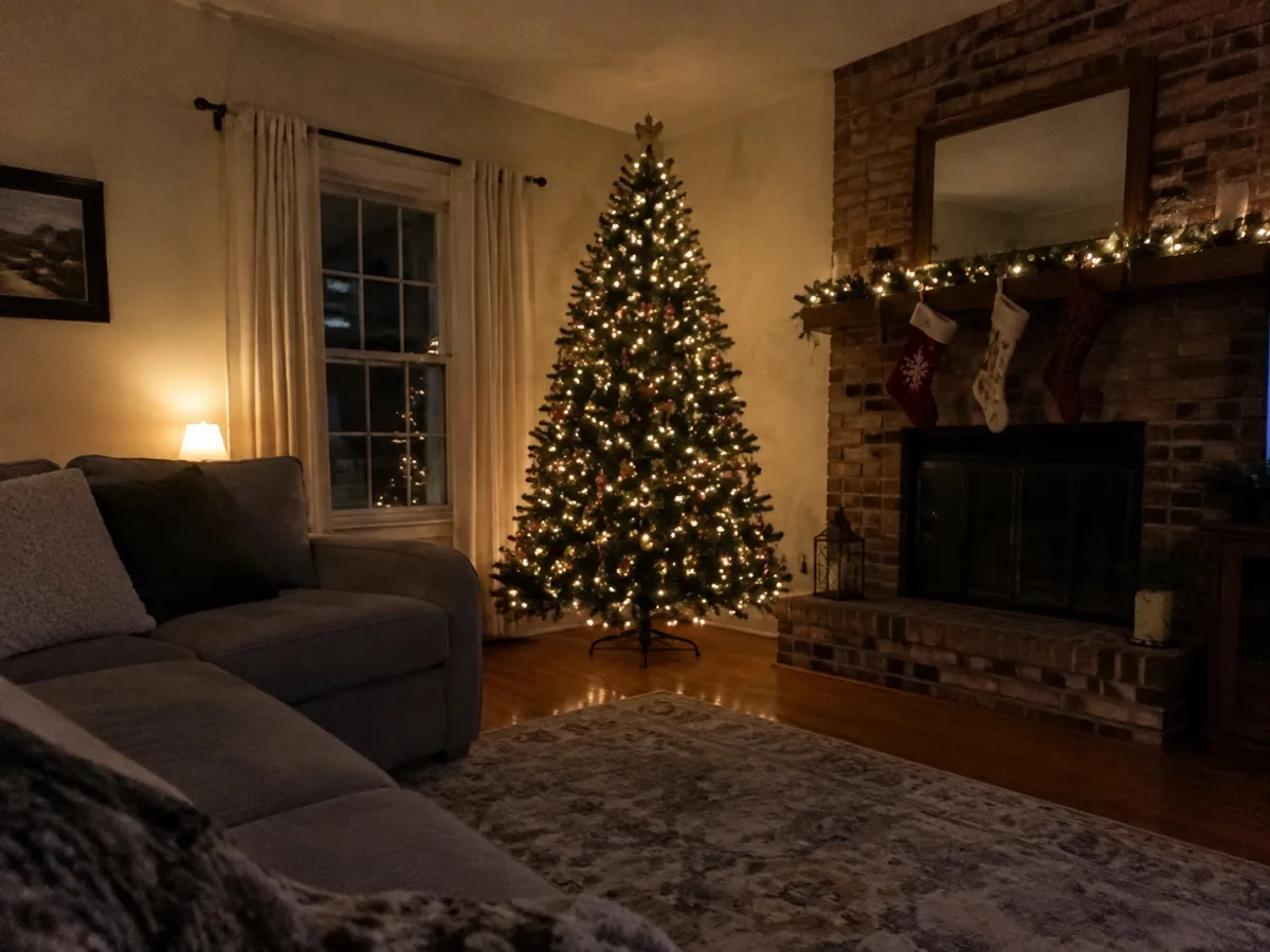 Family living room at night with a lit Christmas tree and a fireplace, nobody in the room