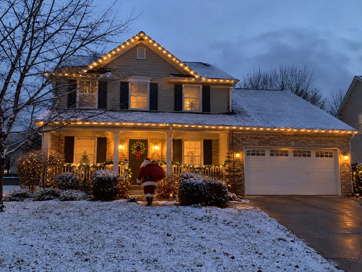 The same house with Santa carrying a sack of presents up the steps to the front door