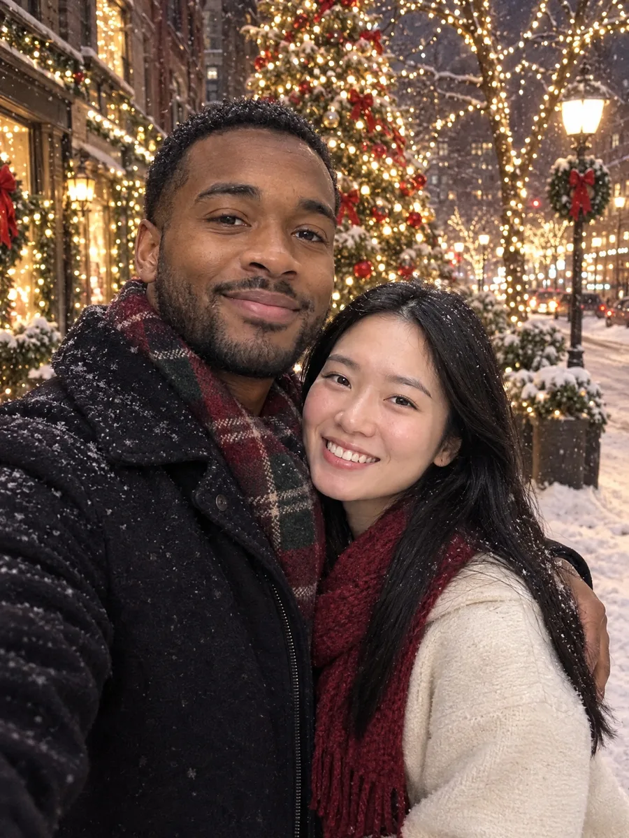 The same couple in winter coats and scarves on a snowy street with Christmas lights