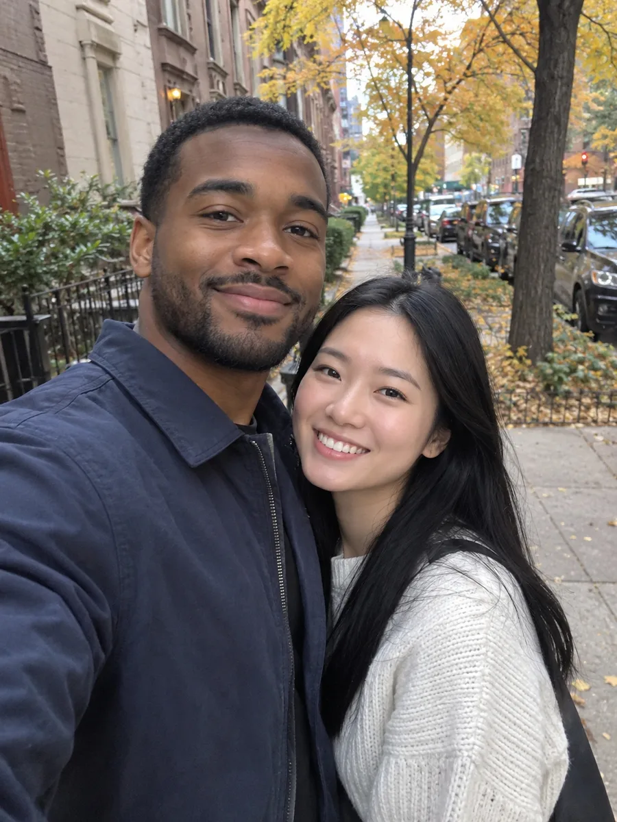 Couple taking a selfie on an autumn city sidewalk