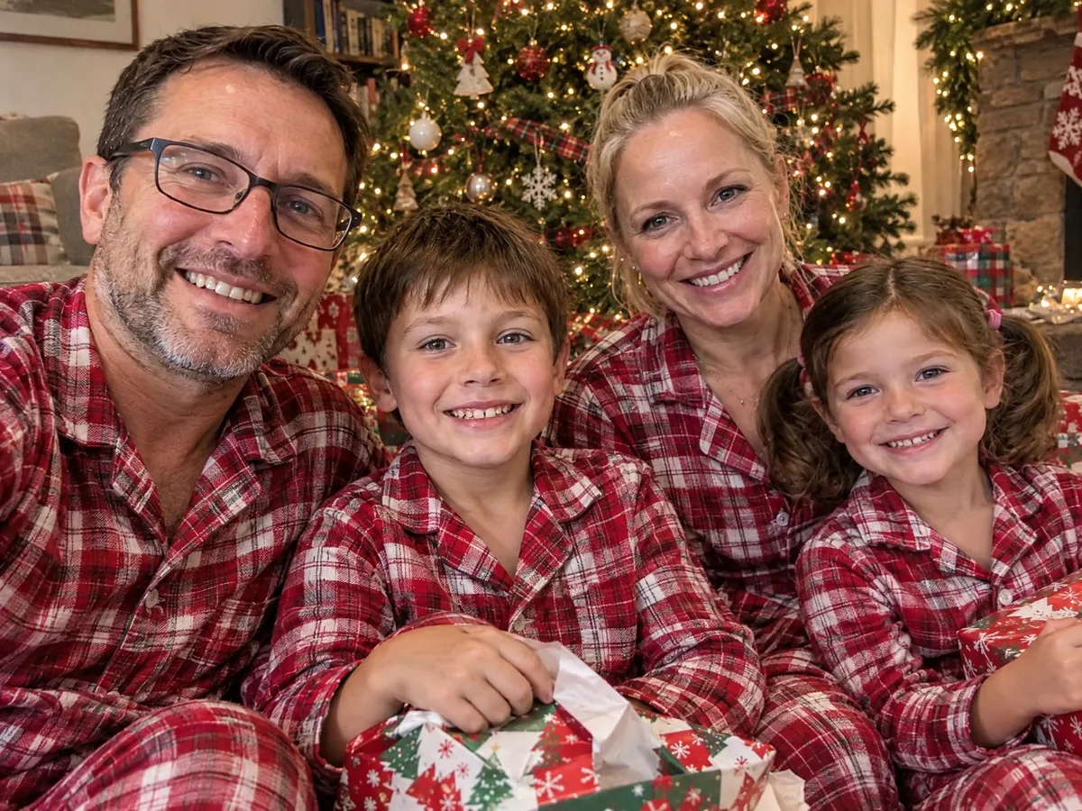 The same family in matching plaid Christmas pyjamas opening presents by a decorated tree