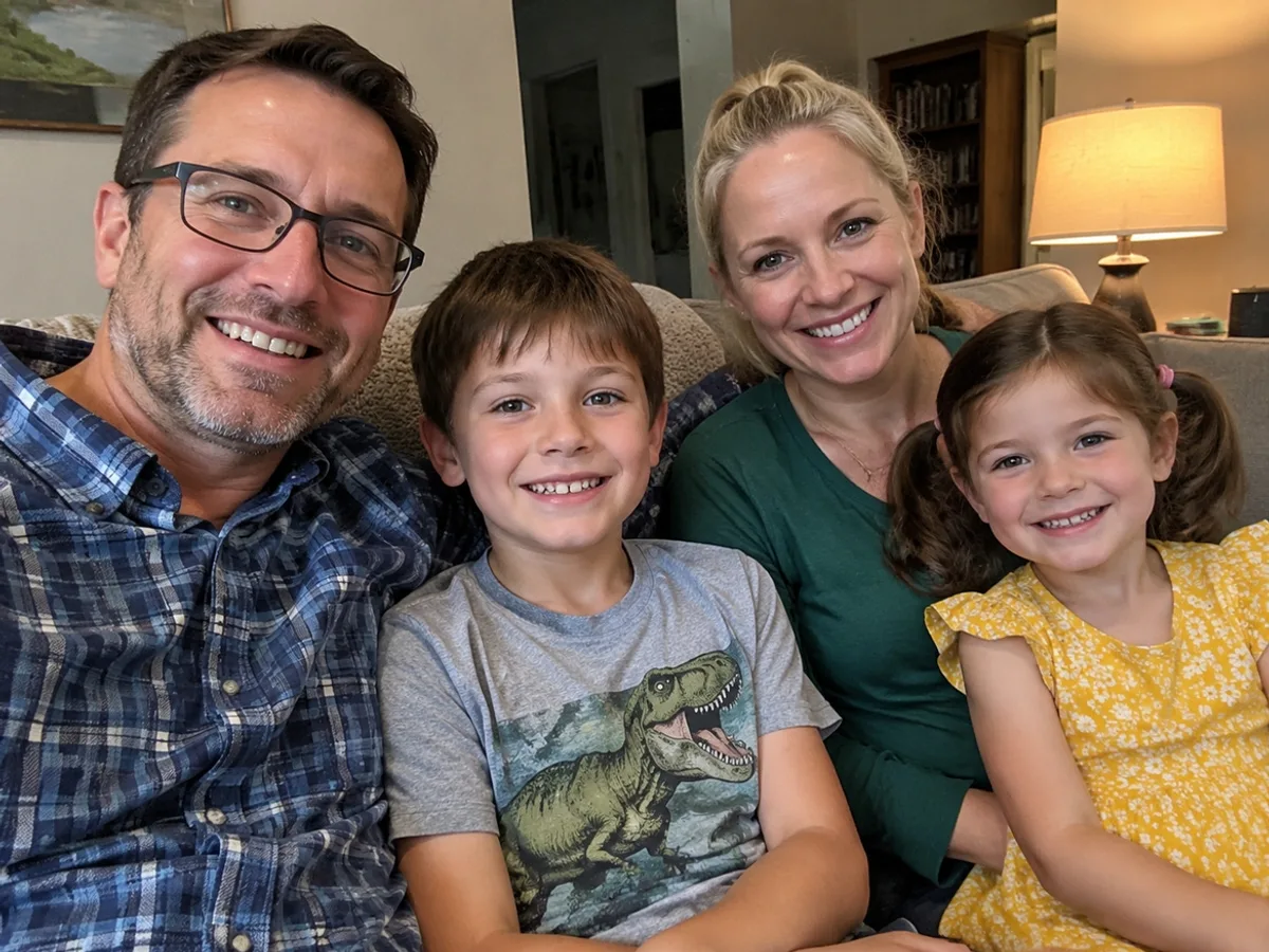 Family of four taking a selfie on a sofa in an ordinary living room