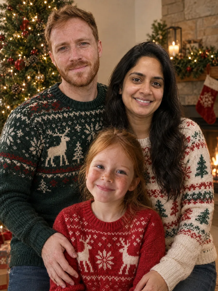 AI Christmas card photo of the same father, mother and daughter in Christmas sweaters by the tree