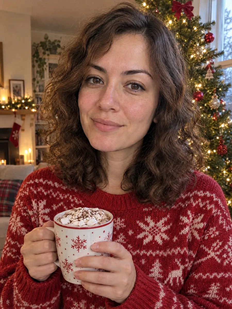 The same woman in a red Christmas sweater holding hot chocolate in front of a decorated tree