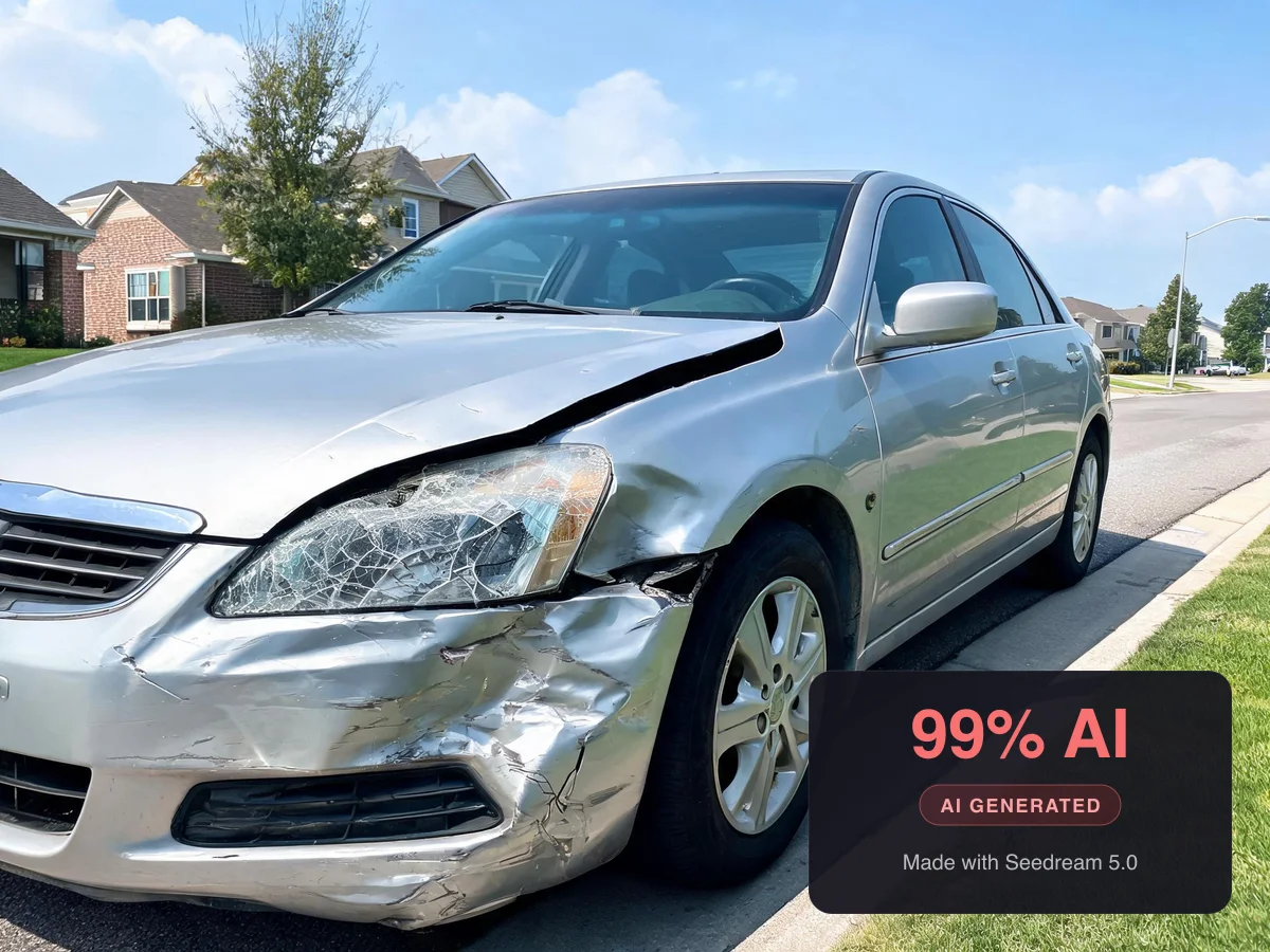 AI-generated photo of a damaged car for an insurance claim, detected as 99% AI