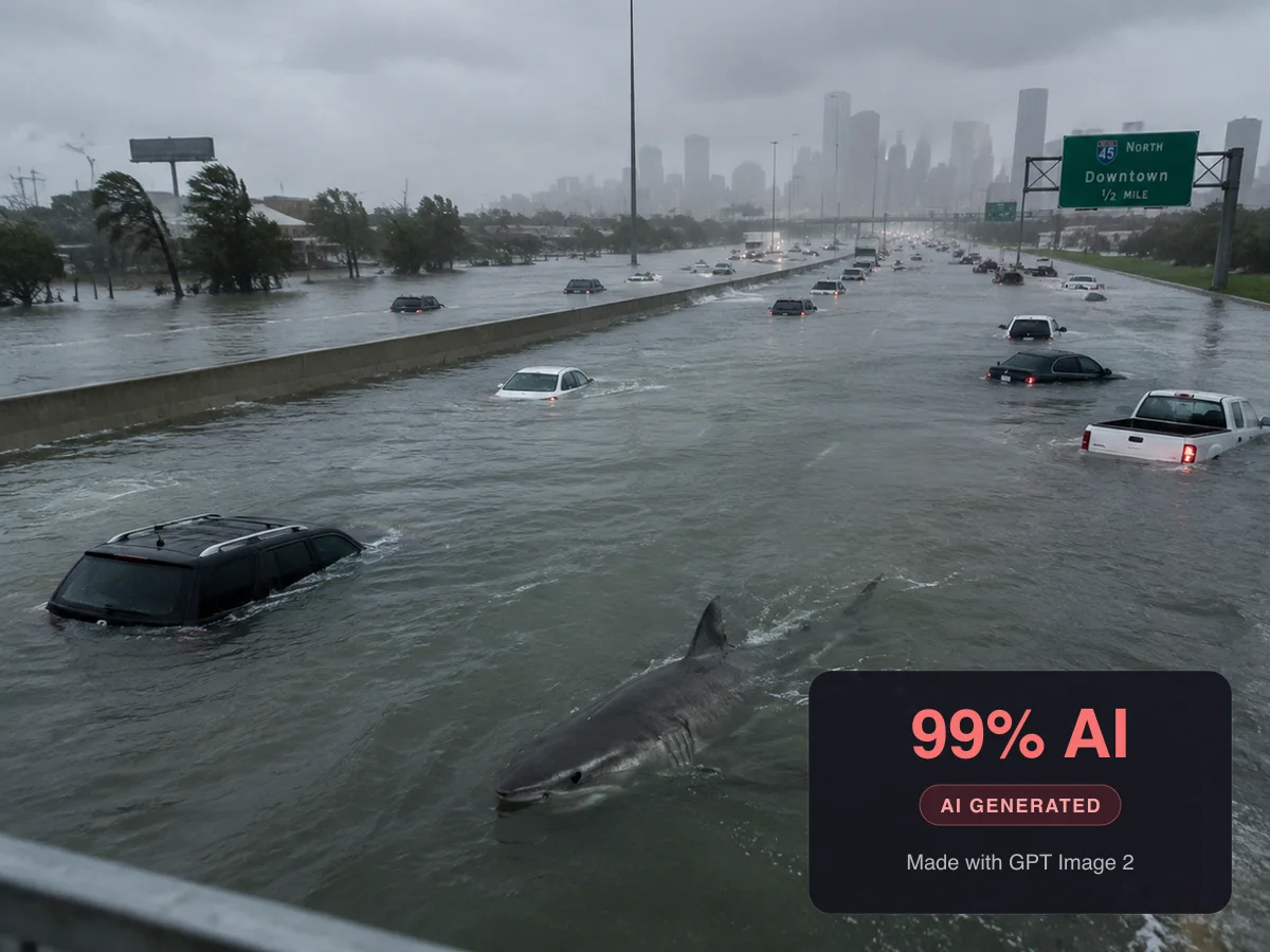 AI-generated fake news photo of a shark on a flooded highway, detected as 99% AI