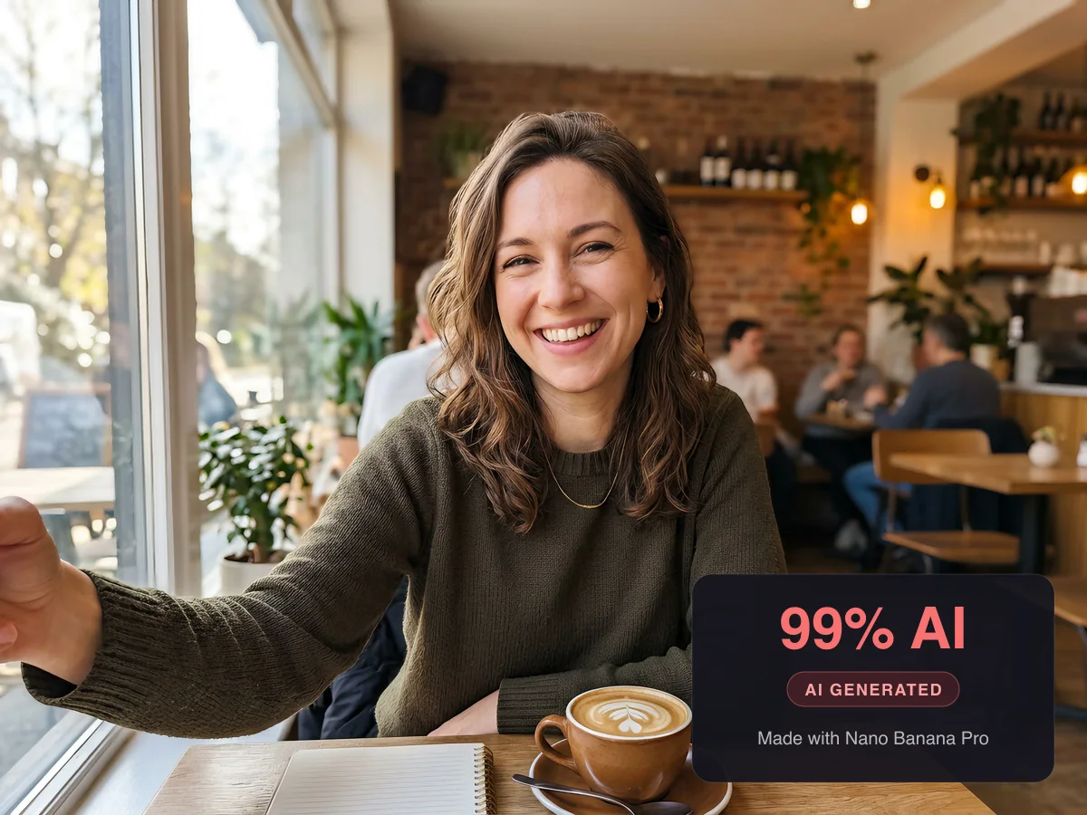 AI-generated dating profile selfie of a person who does not exist, detected as 99% AI