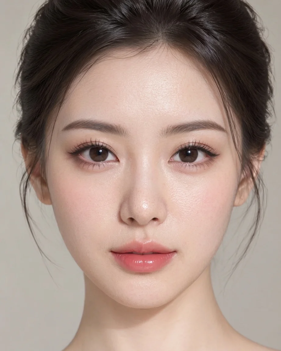 The same close-up with real skin texture — fine pores on the cheeks and nose, softer highlights, same makeup