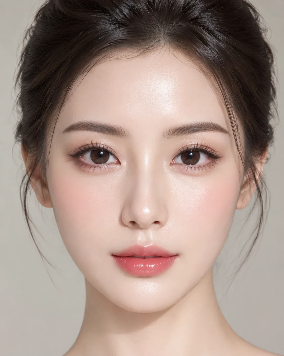AI-generated beauty close-up with poreless glass skin and glossy highlights