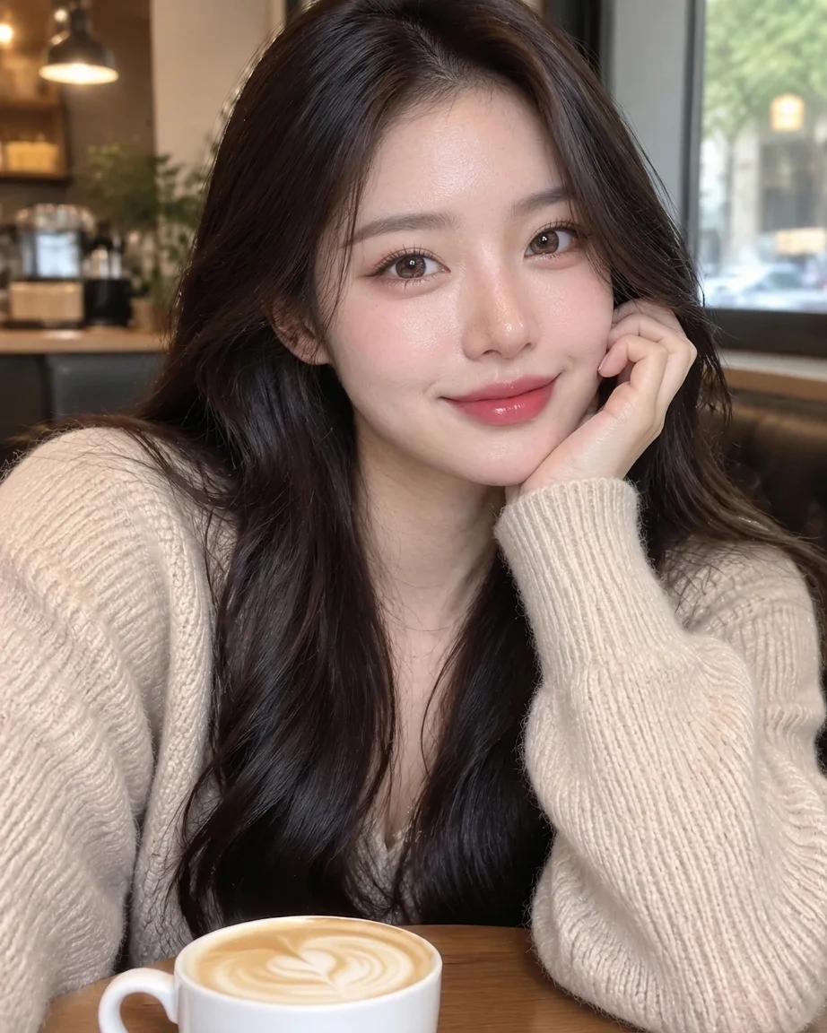 The same cafe portrait with everyday skin texture — matte cheeks, fine pores, same hair, sweater and latte