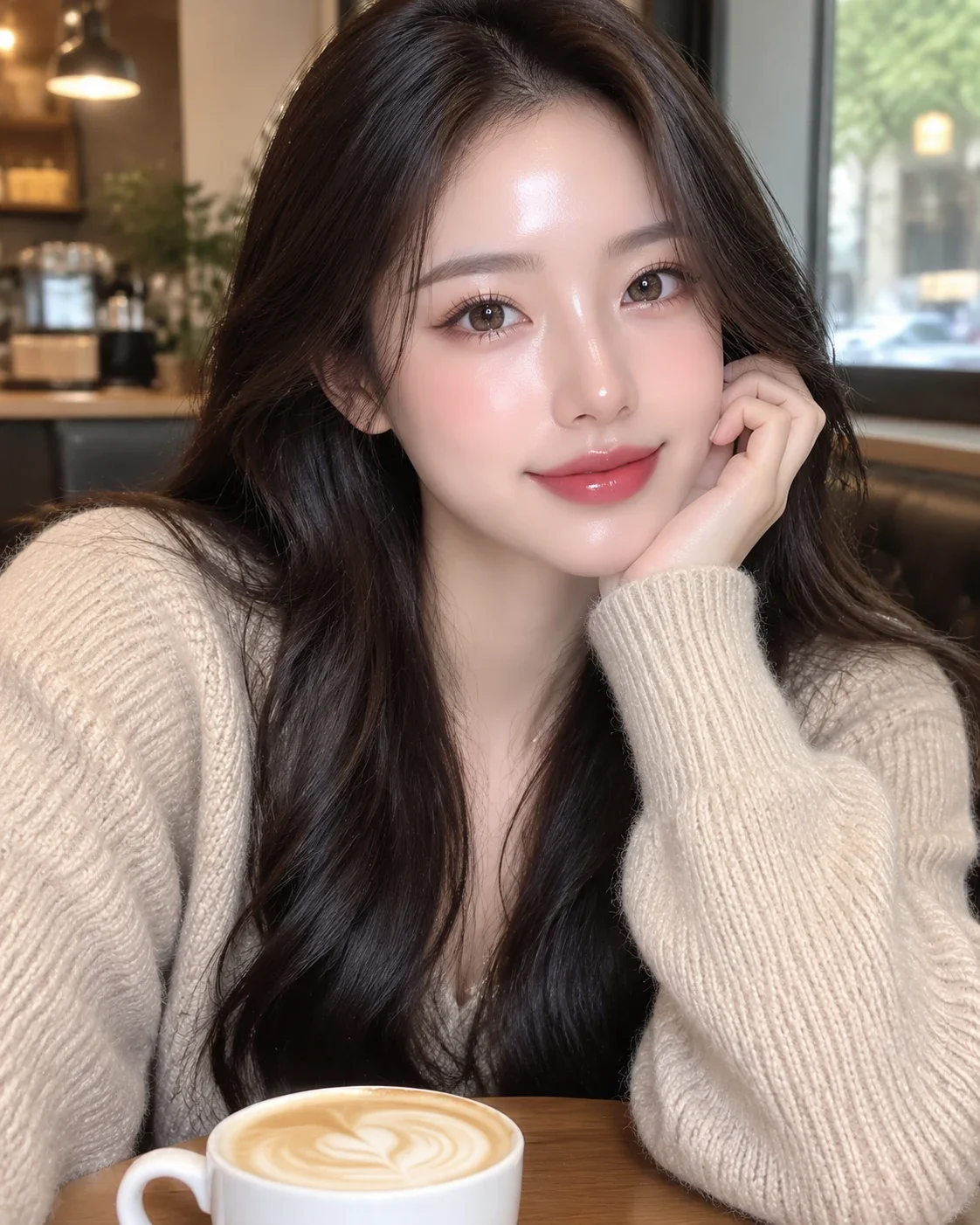 AI-generated cafe portrait of a woman with dewy, shiny skin and pink glow on the nose and cheeks