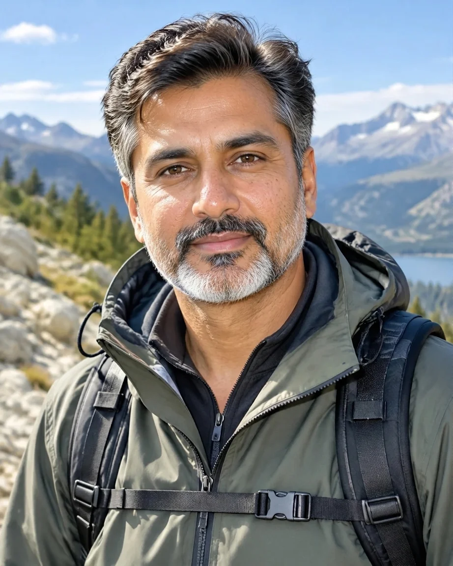 The same hiker with real skin texture — pores, fine lines at the eyes, individual beard hairs, same mountain light