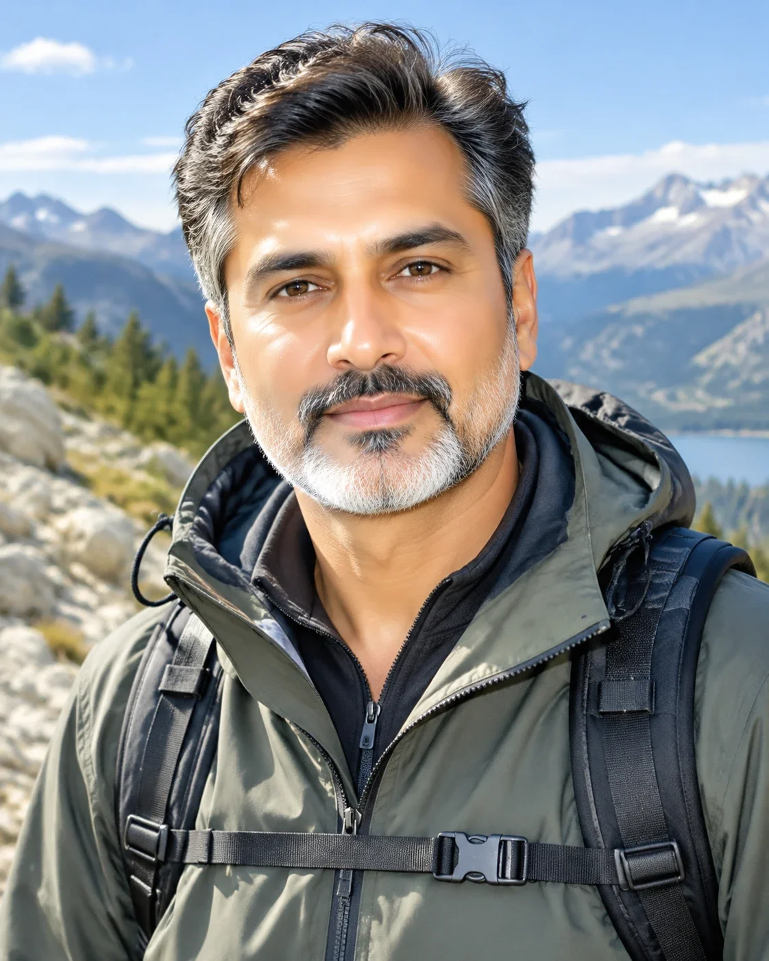 AI-generated outdoor portrait of a man in his fifties with smooth, glowing skin on a mountain trail