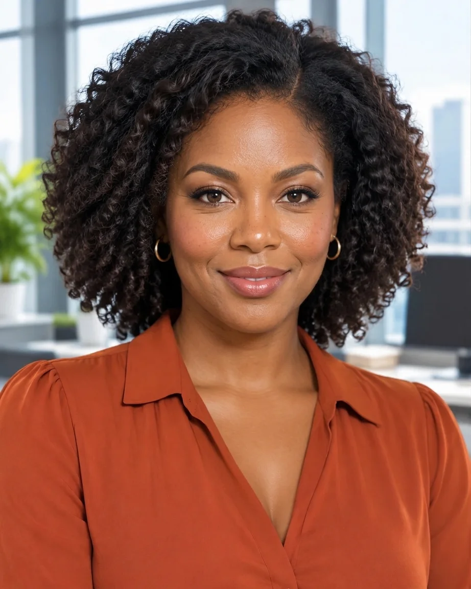 The same portrait with natural skin texture — matte cheeks, visible pores, same lipstick, earrings and office