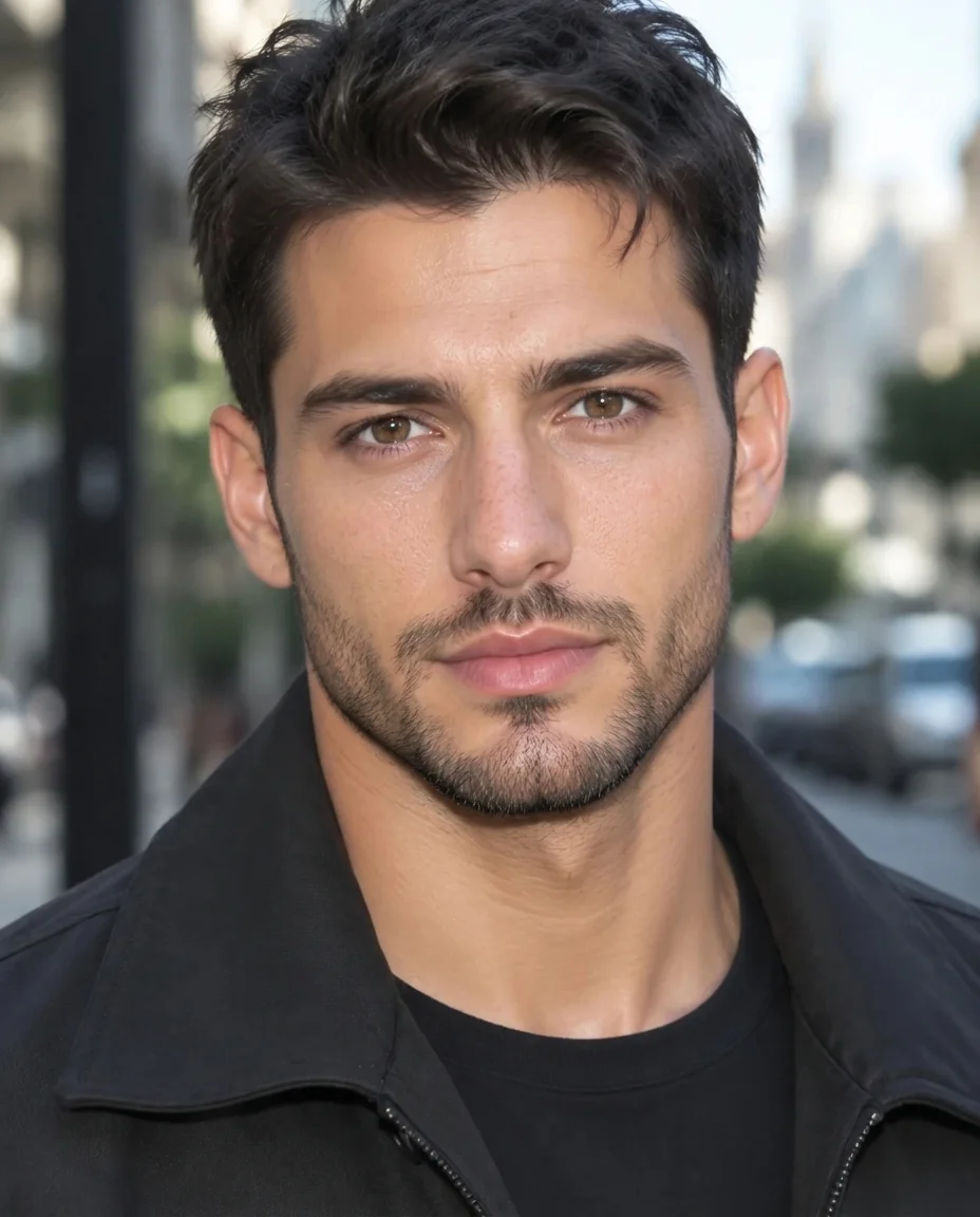 The same man with an AI skin texture fix — matte forehead, pores on the nose, more defined stubble, same street behind him