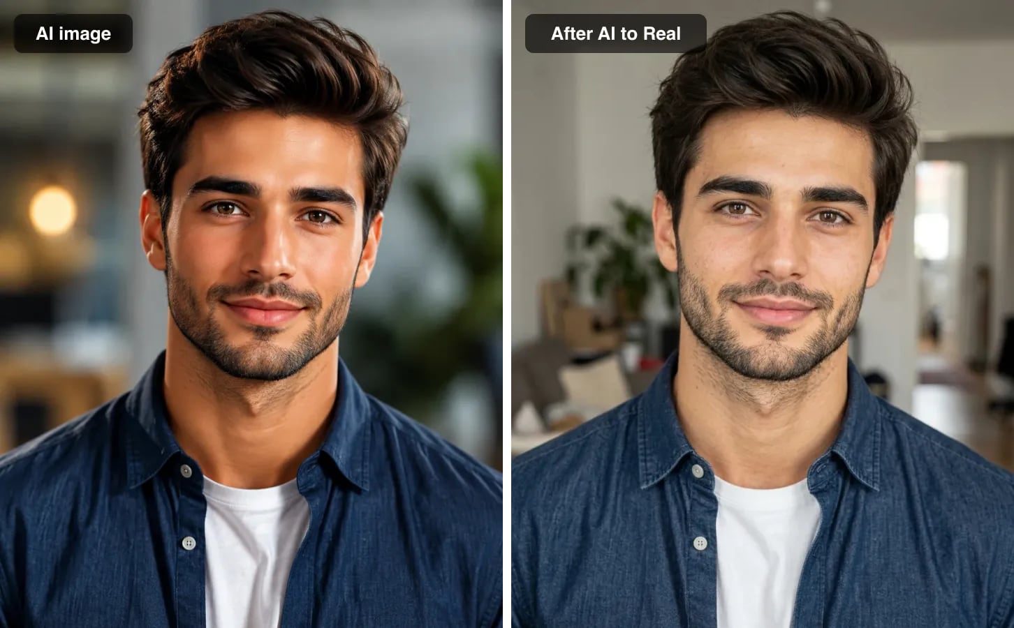 An AI-generated portrait next to the same portrait after the sparkpix AI to real image converter