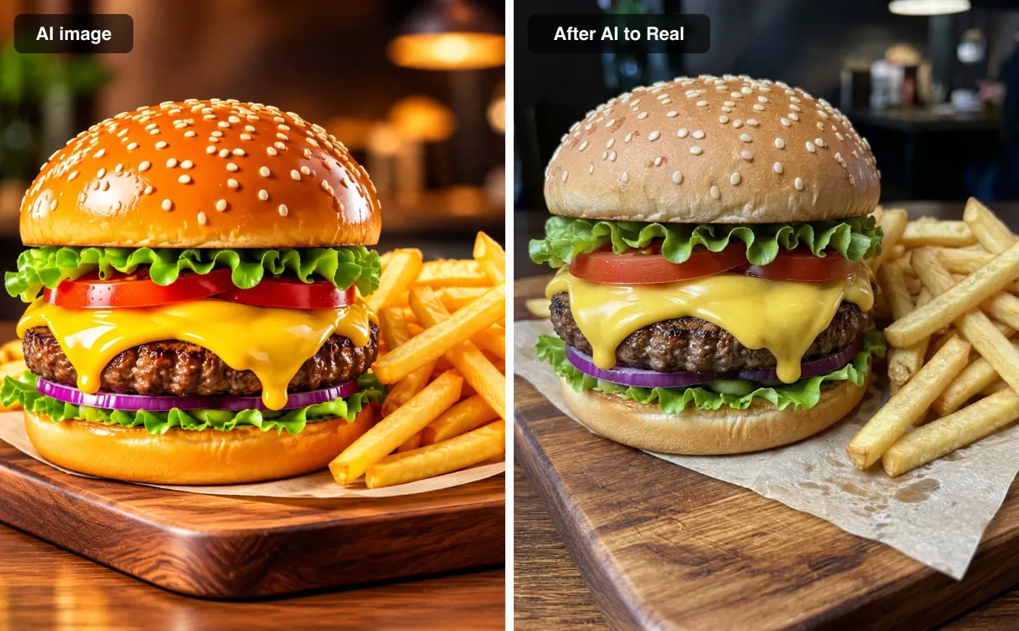 An AI food render of a glossy burger next to the same burger as a real-looking menu photo