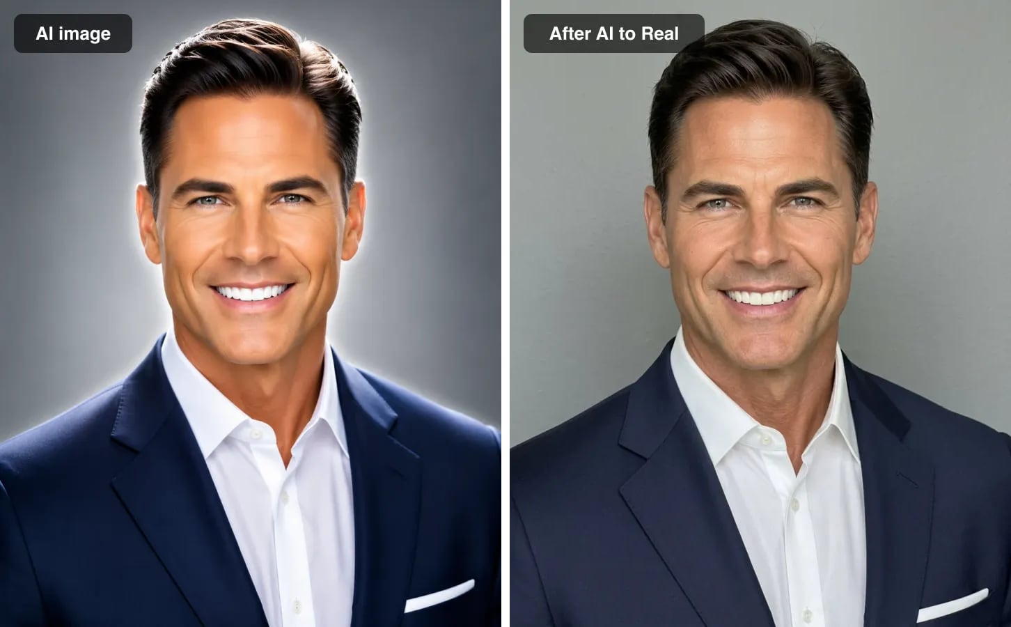 An AI headshot with a glowing halo and waxy skin next to the same headshot converted to look real