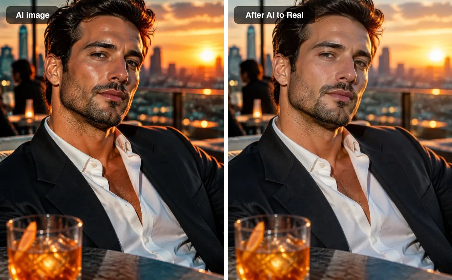 An AI portrait with oily, shiny skin next to the same portrait with matte, natural skin