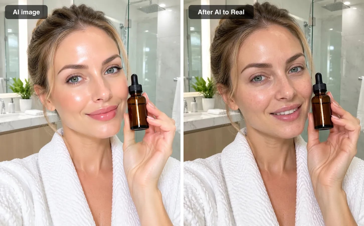 An AI-generated UGC skincare ad with glass skin next to the same ad with natural skin texture