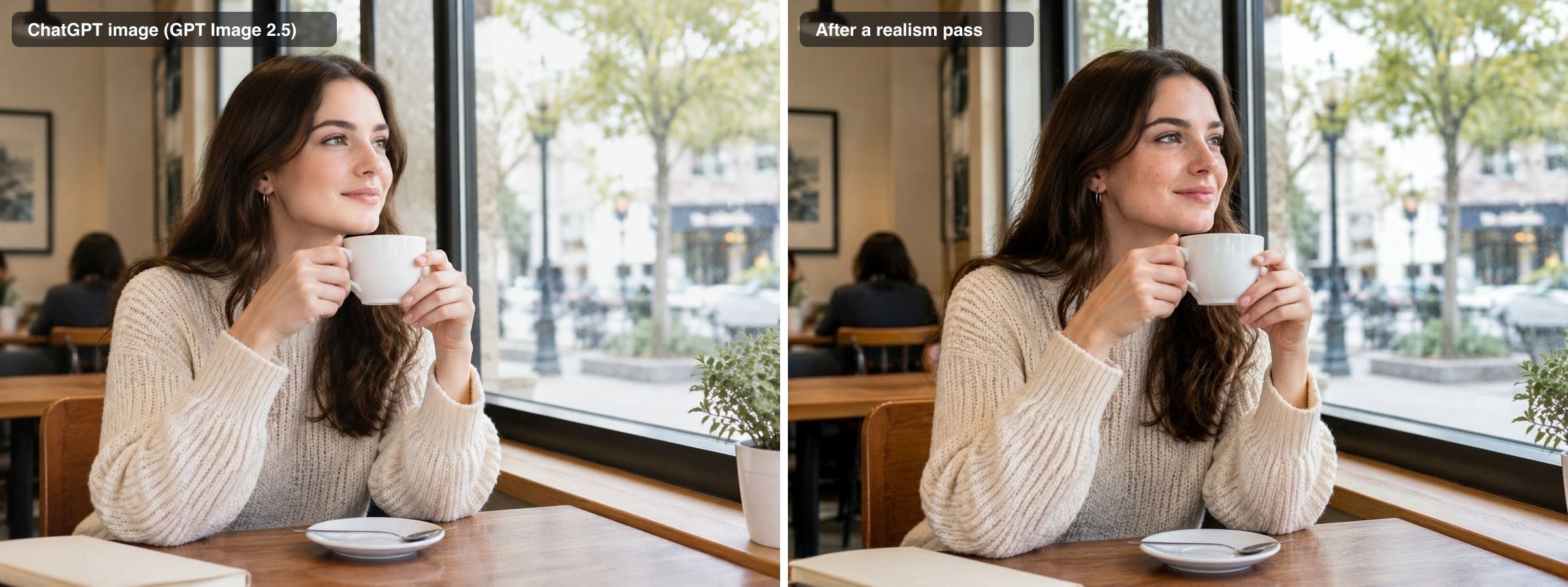 The full cafe image before and after the realism pass: same woman, pose and window, with a sharper street outside